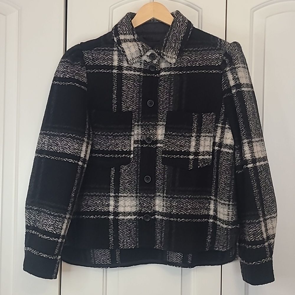 Gap Puff Sleeve Cropped Wool Shirt Jacket Black White Plaid Size L - Picture 2 of 15